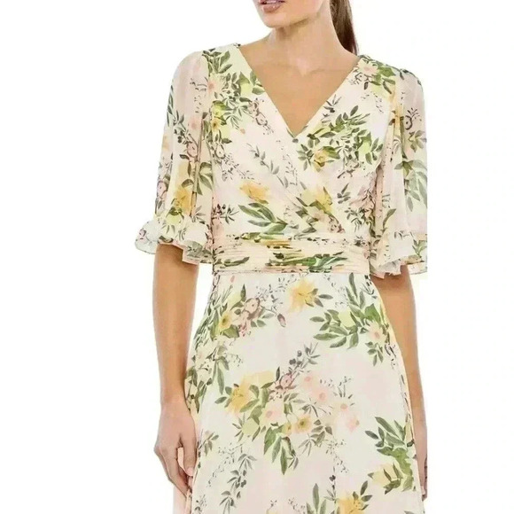 MAC DUGGAL Gown 24 Floral Print Faux Wrap Flutter Sleeve Peach Maxi Dress V Neck - Picture 3 of 14